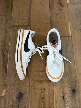 Nike Court Legacy White Black Gold Canvas Trim Sneakers Youth 7Y/Womens 8.5